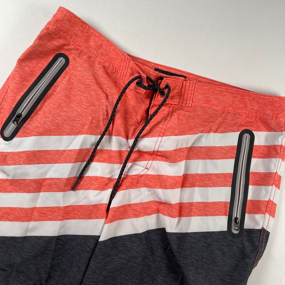 American Eagle Mens Board Shorts Orange Striped Swim Trunks Size‎ L Zip Pockets